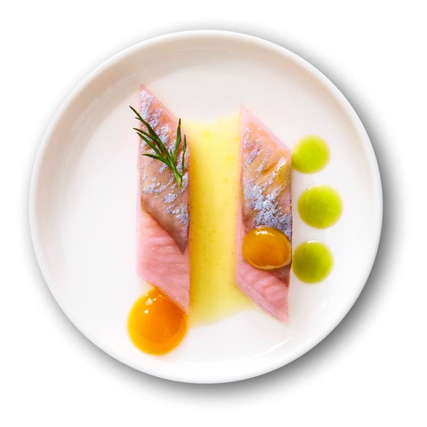 Hering auf weißem Teller, angerichtet für die gehobene Gastronomie